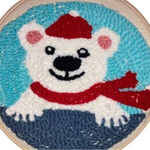 Handmade polar bear with red hat and scarf embroidery art hoop not included